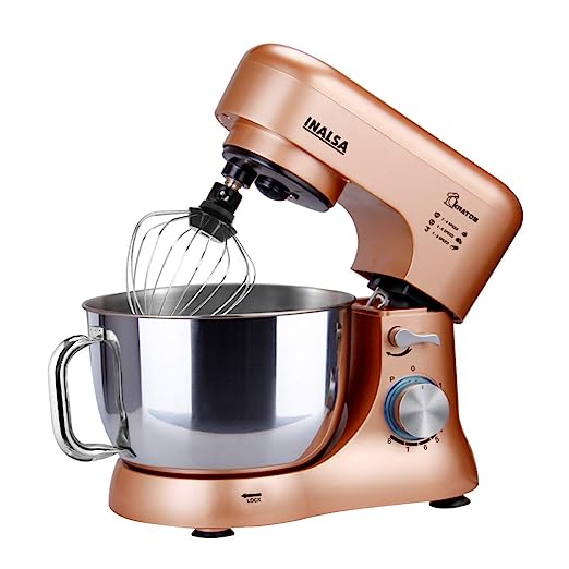 INALSA Stand Mixer Kratos-1000W | 100% Pure Copper Motor| 5L SS Bowl| 8 Speed Control| Tilt Head| Includes Whisking Cone, Mixing Beater & Dough Hook| 2 Years Warranty, (Champagne) INALSA Stand Mixer Kratos-1000W | 100% Pure Copper Motor| 5L SS Bowl| 8 Speed Control| Tilt Head| Includes Whisking Cone, Mixing Beater & Dough Hook| 2 Years Warranty, (Champagne)